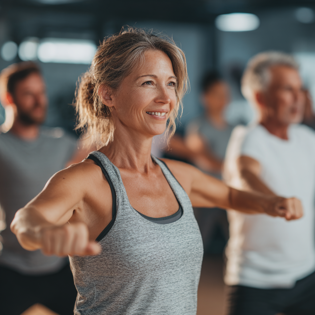 Group of active adults aged 45-55 doing fitness class together in modern gym, everyone engaged and energetic