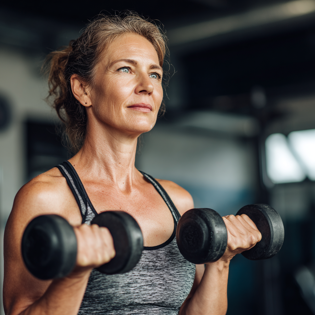 Mature woman in her 50s doing strength training with dumbbells in modern gym, looking confident and motivated