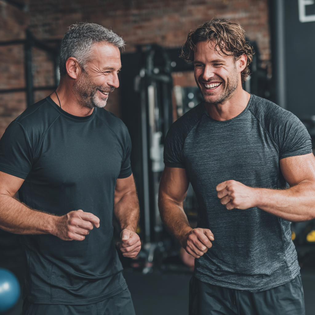Middle-aged man in his late 40s performing workout exercises with personal trainer in fitness center, both smiling and motivated
